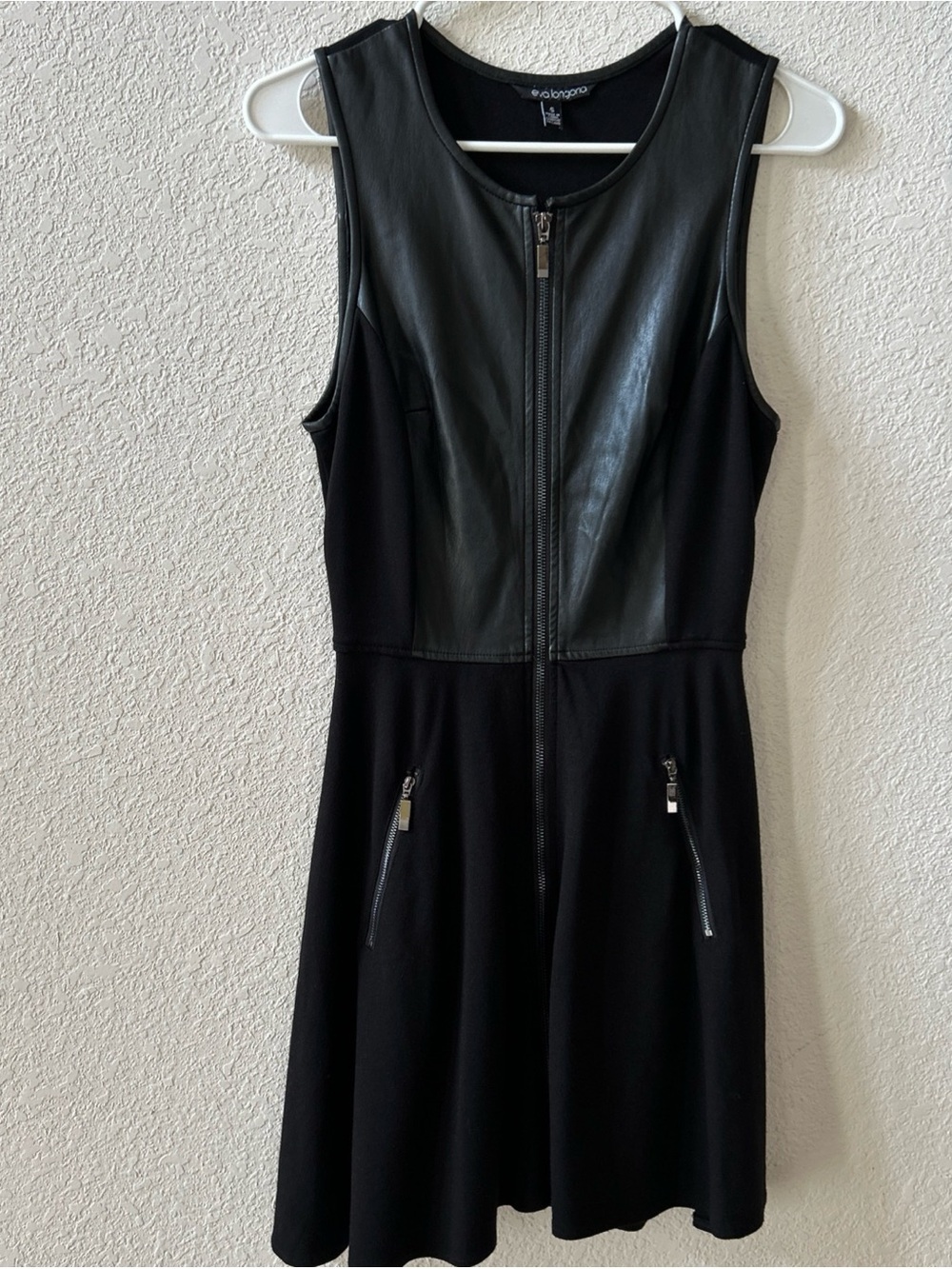 Eva Longoria dress S mini Leather and Metal zipper Look EUC